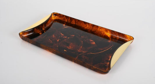 Guzzini mid century Italian faux tortoiseshell lucite tray with brass handles