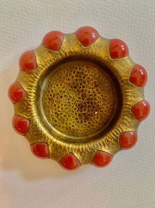 Vintage brass and coral marble beaded jewel tray