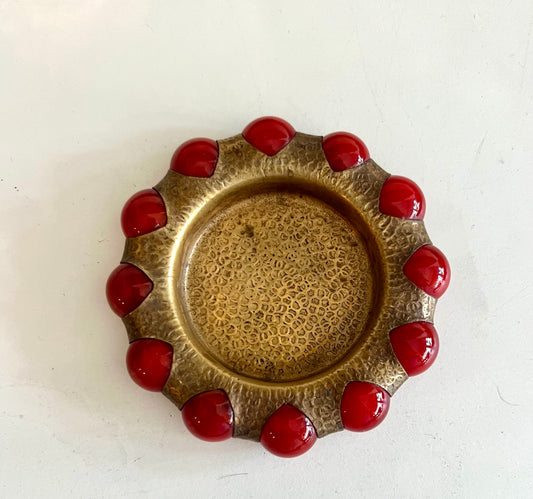 Vintage brass and red beaded jewelry and trinket dish